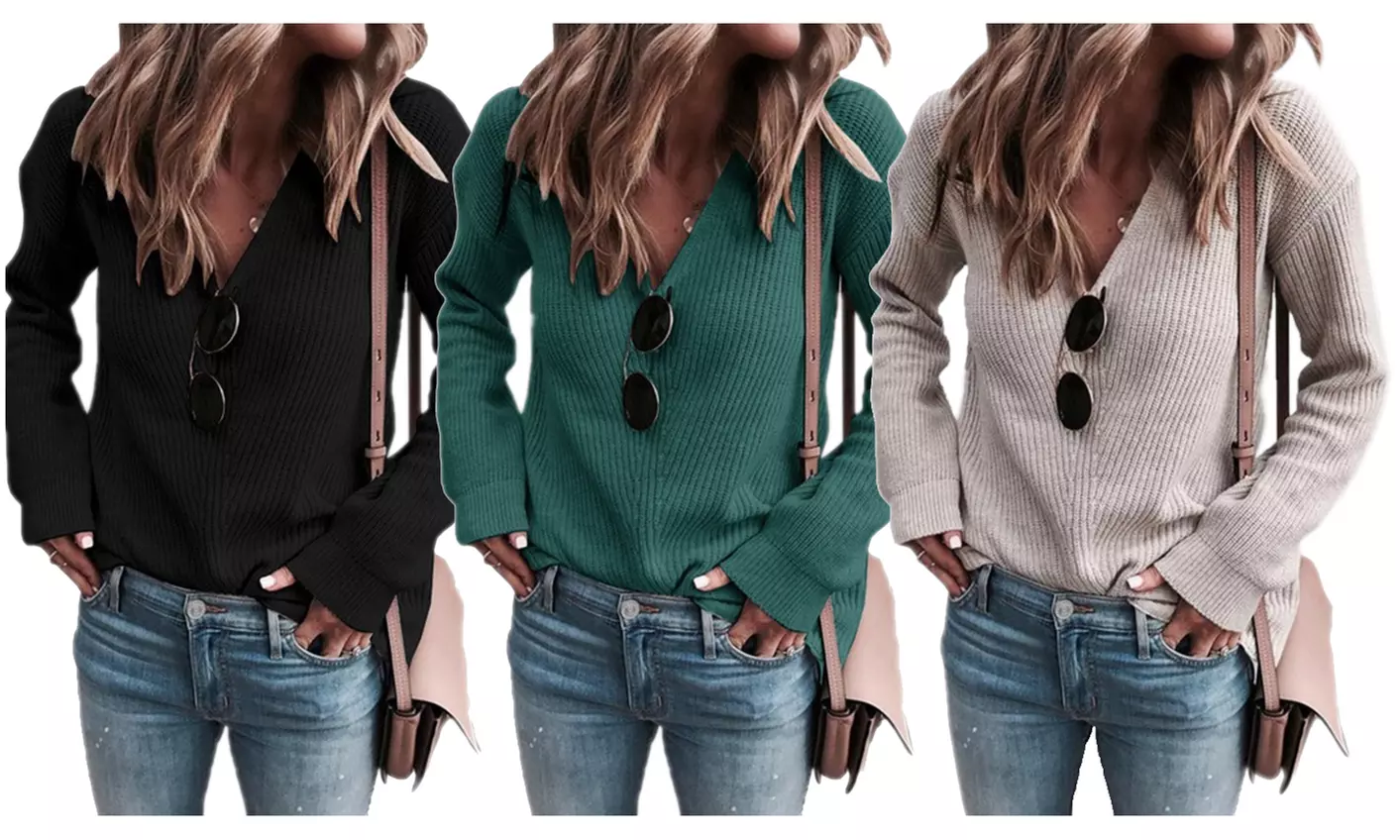 Haute Edition Rib Knit V-Neck Long Sleeve Tee - Primary Image