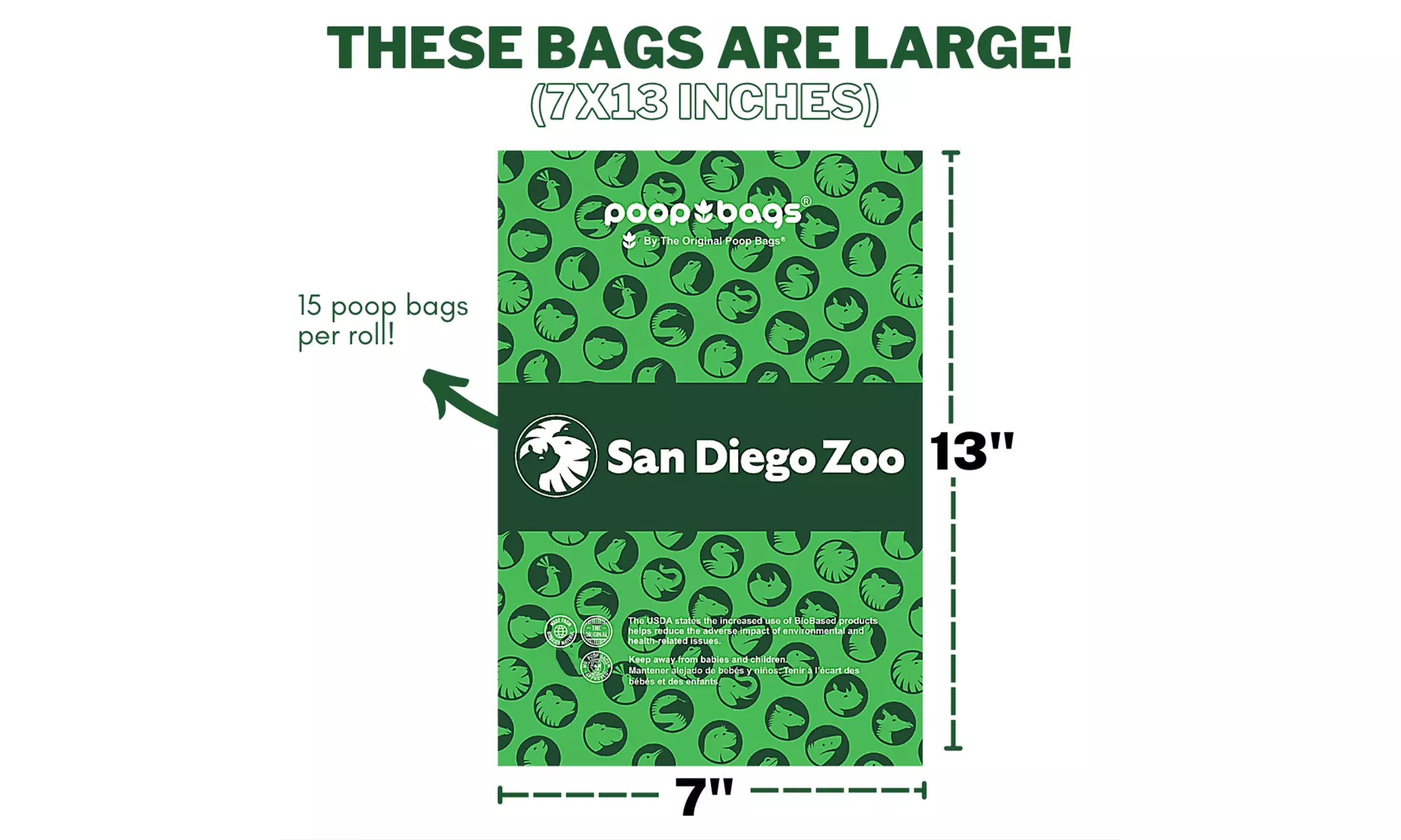 1080 USDA Certified Biobased - San Diego Zoo Poop Bags & Hydrant Dispenser