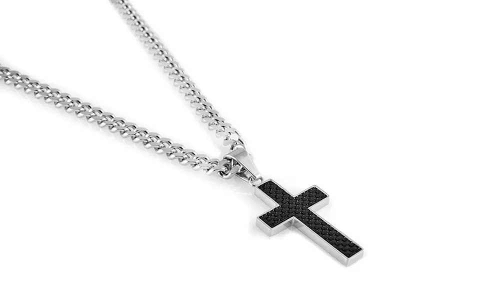 18k Gold or Silver Plated Carbon Fiber Inlay Cross with Curb Men's Chain