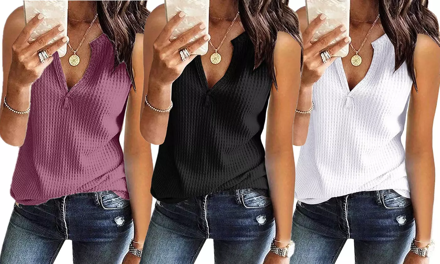 LESIES Womens Tank Tops V Neck Waffle Knit Casual Sleeveless Loose Tee Shirts - Primary Image