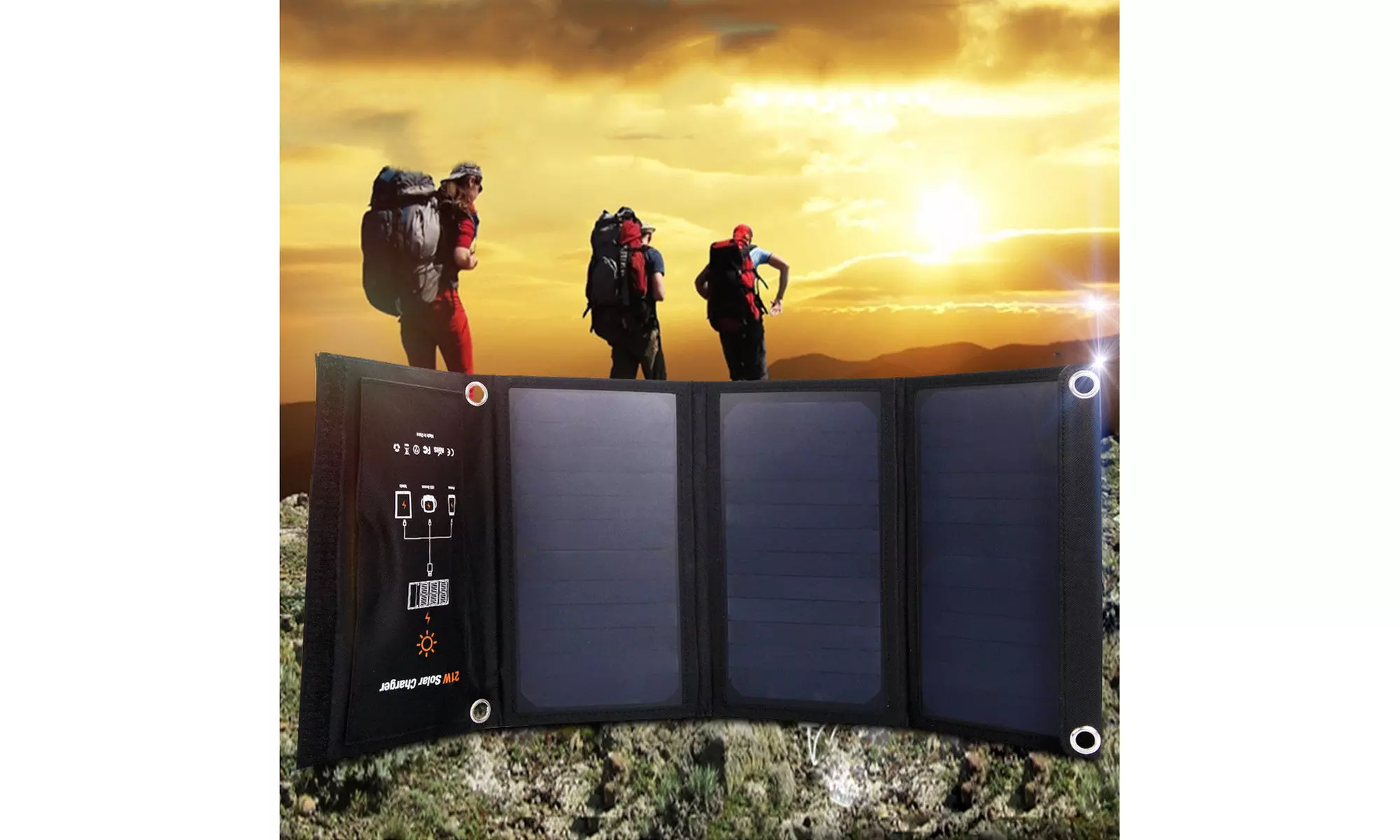 21W Foldable Waterproof Dual USB Solar Panel Charger For Smartphone Travel Hook - Primary Image