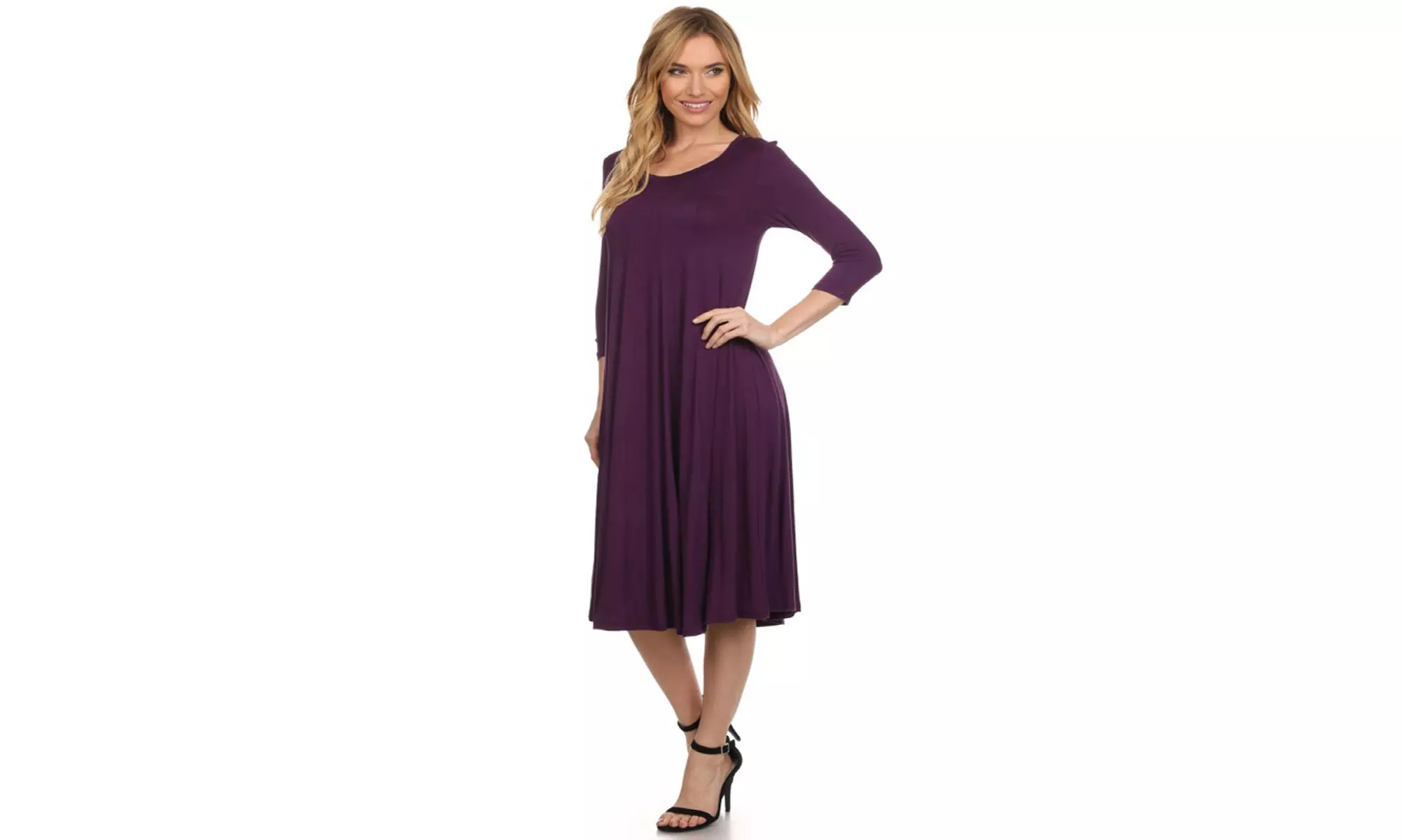 Women's Solid Casual Comfy 3/4 Sleeve Loose Fit A-line Midi Dress