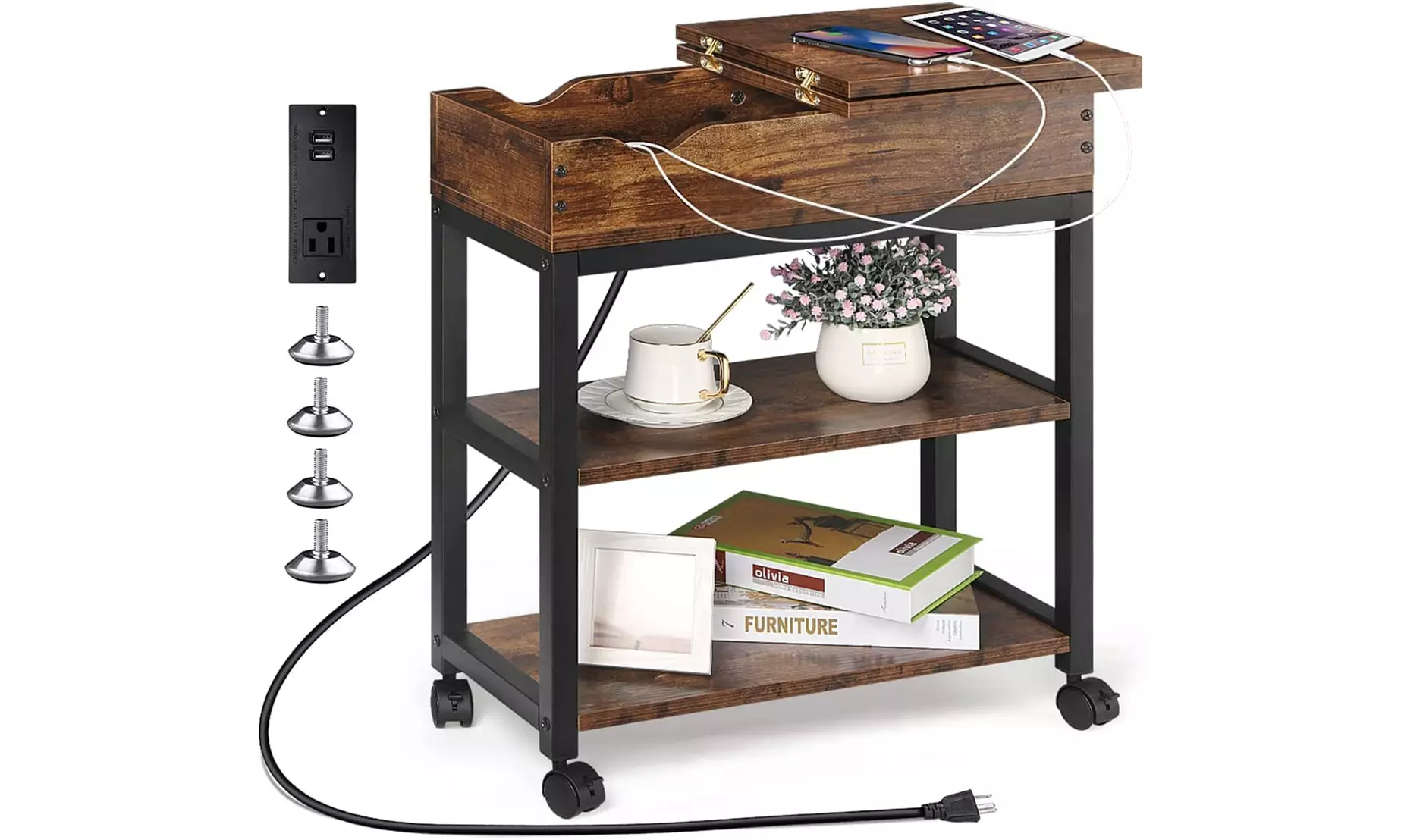 Bedside Table With Charger And Storage Space Bedroom Rustic - Primary Image