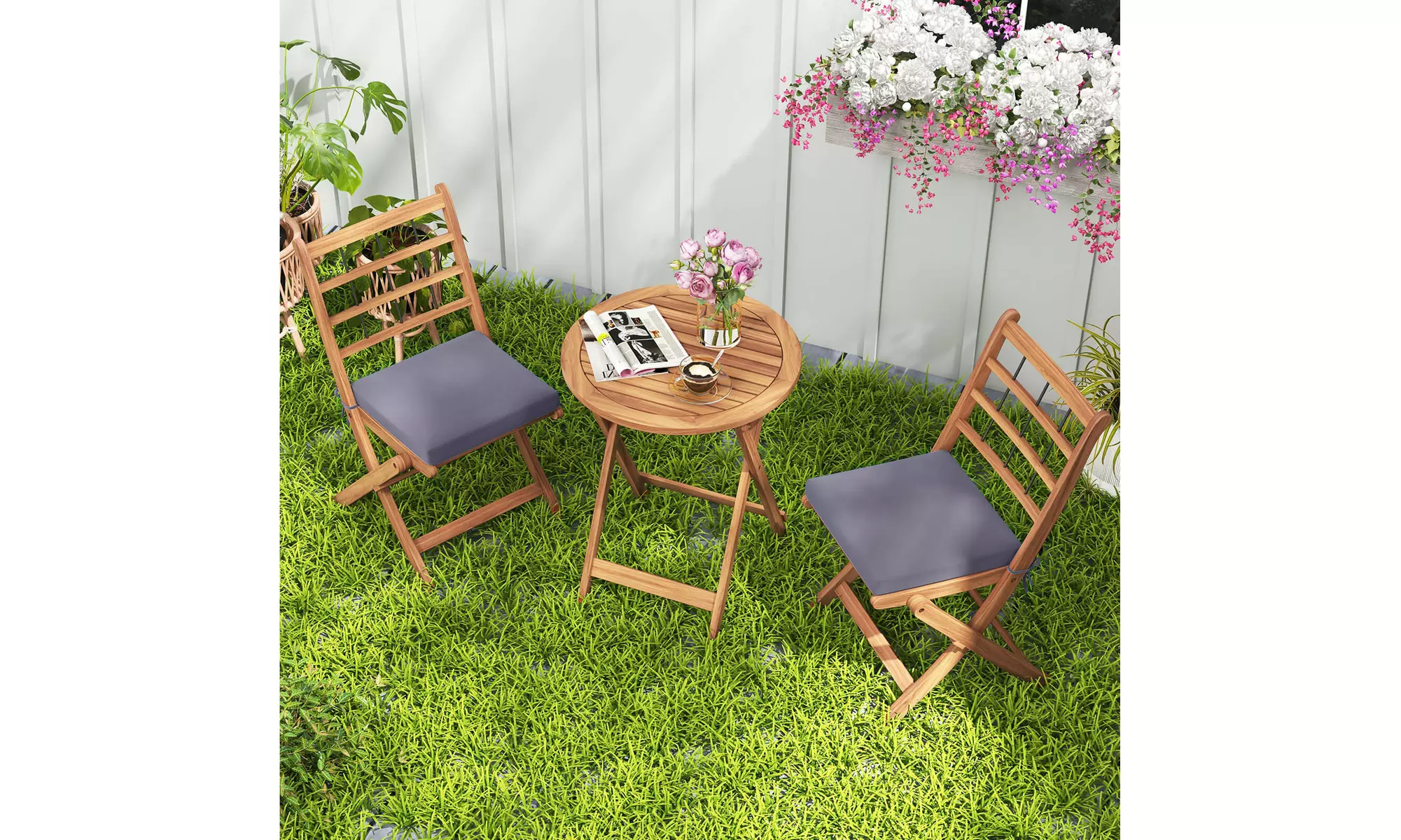 Costway 3 PCS Acacia Wood Patio Bistro Set Folding Outdoor Table and Chairs