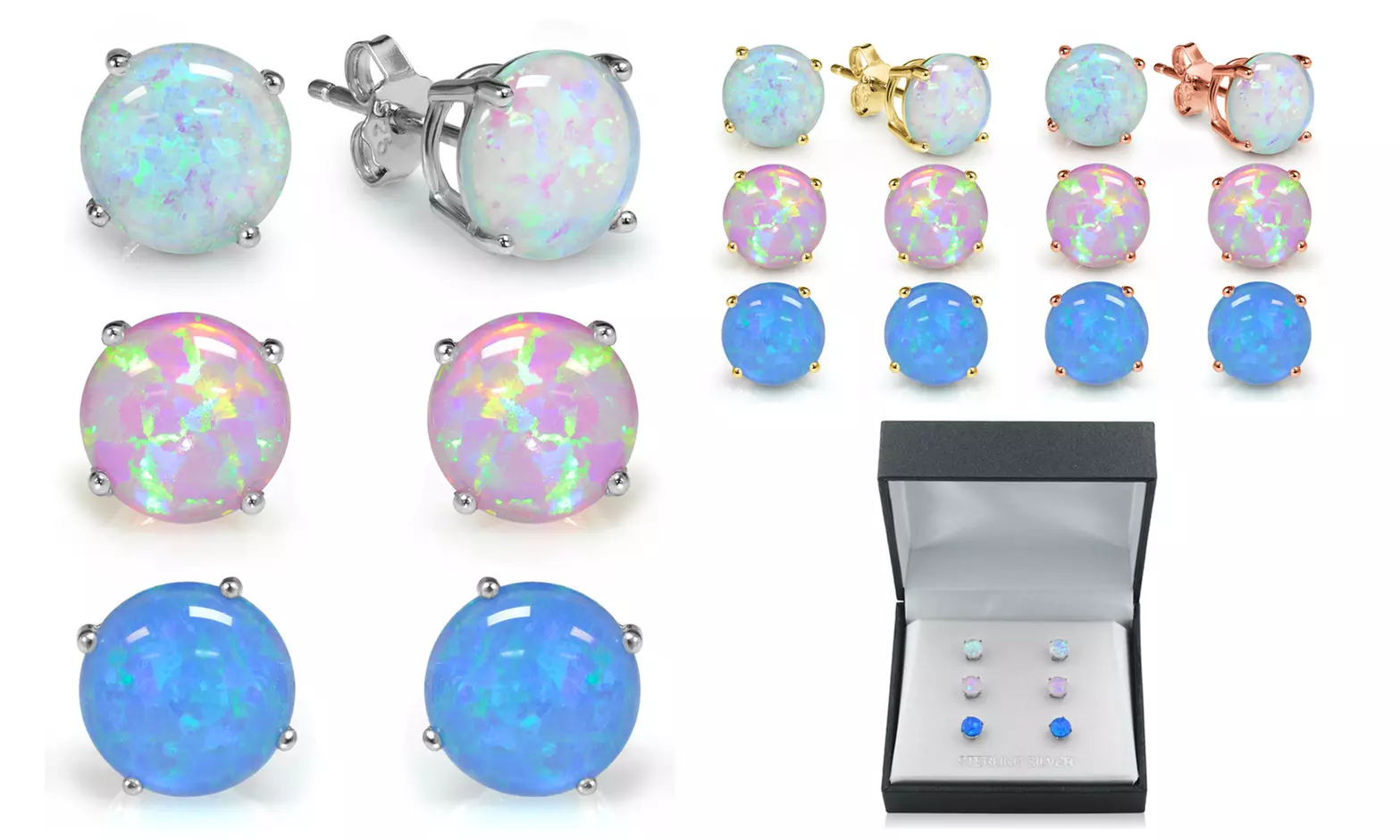Sterling Silver Trio Blue,White and Pink Opal Set With Gift Box