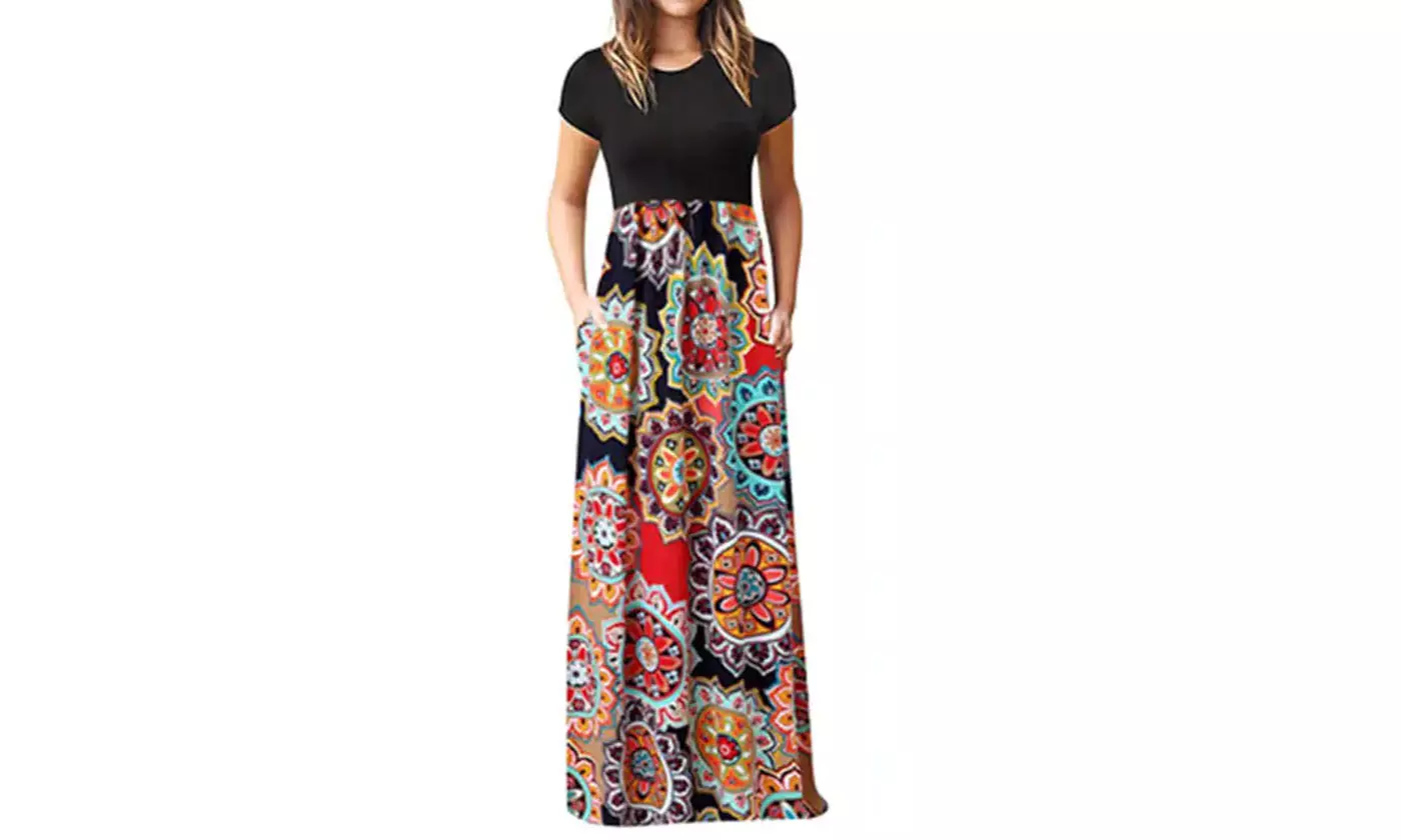 2019 Women Short Sleeve Loose Plain Fashion Maxi Dresses with Pockets - Second Medium