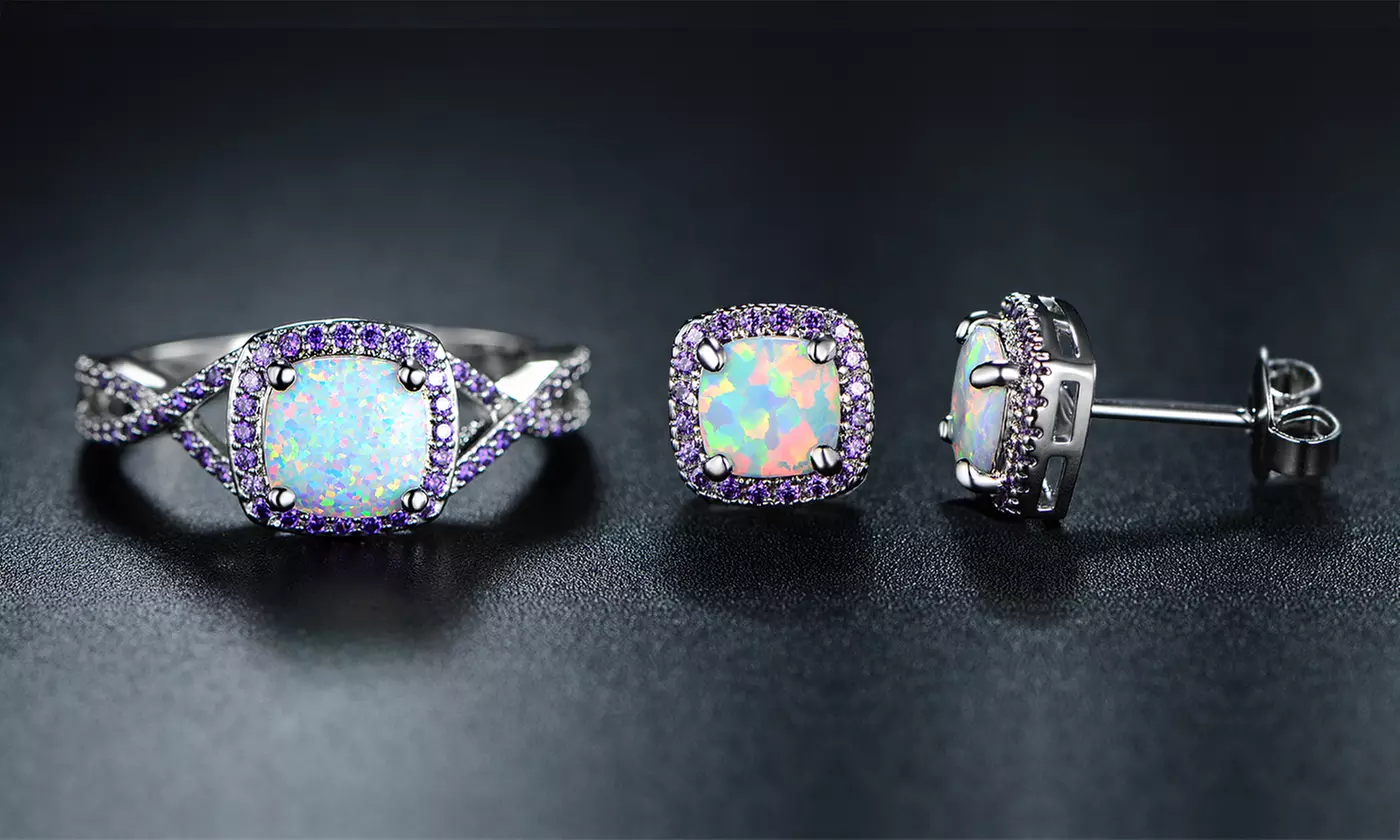 Lab-Created Fire Opal & Amethyst Stud Earrings and Ring Set By Peermont - Primary Image