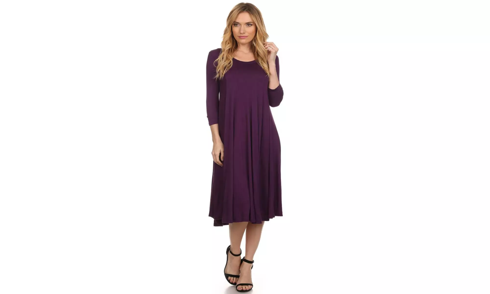 Women's Solid Casual Comfy 3/4 Sleeve Loose Fit A-line Midi Dress