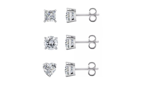 18k White Gold Plated White Sapphire 3 Pair Round Square & Heart Stud Earrings 1 Ct 7 Mm White Sapphire White Gold