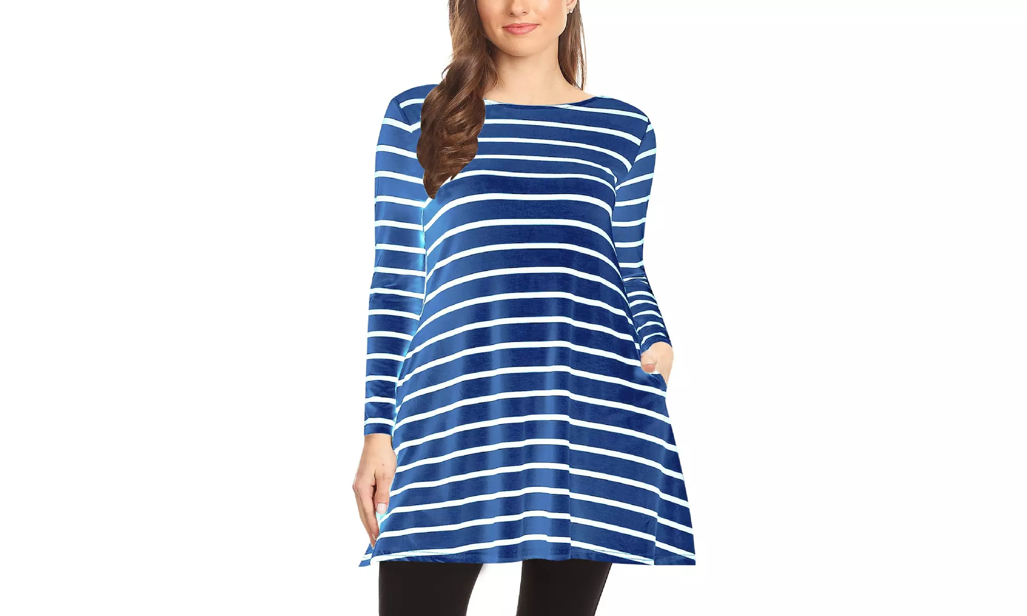 Striped A-Line Pockets Long Sleeves Relaxed Fit Dress Tee Top