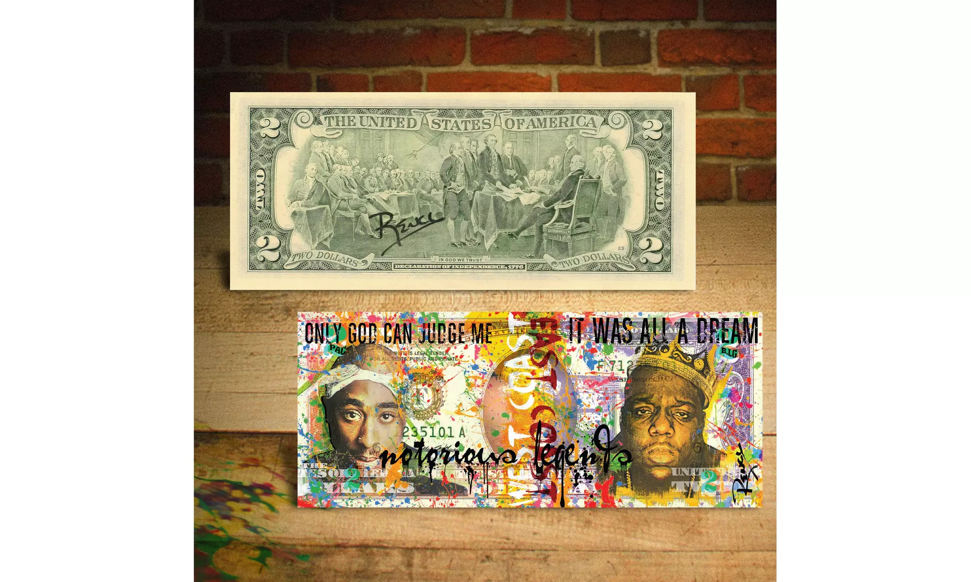 TUPAC SHAKUR & BIGGIE SMALLS Two-Dollar Bill Pop Art HAND-SIGNED by Rency - Primary Image