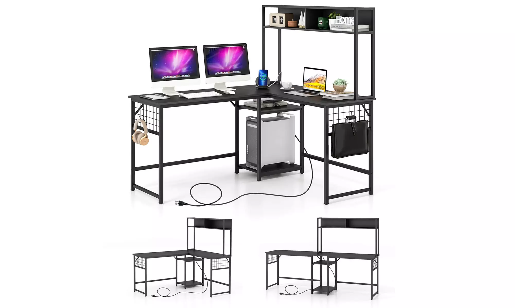 L-shaped Desk with Power Outlet Large Corner Desk Converts to 2-Person Long Desk
