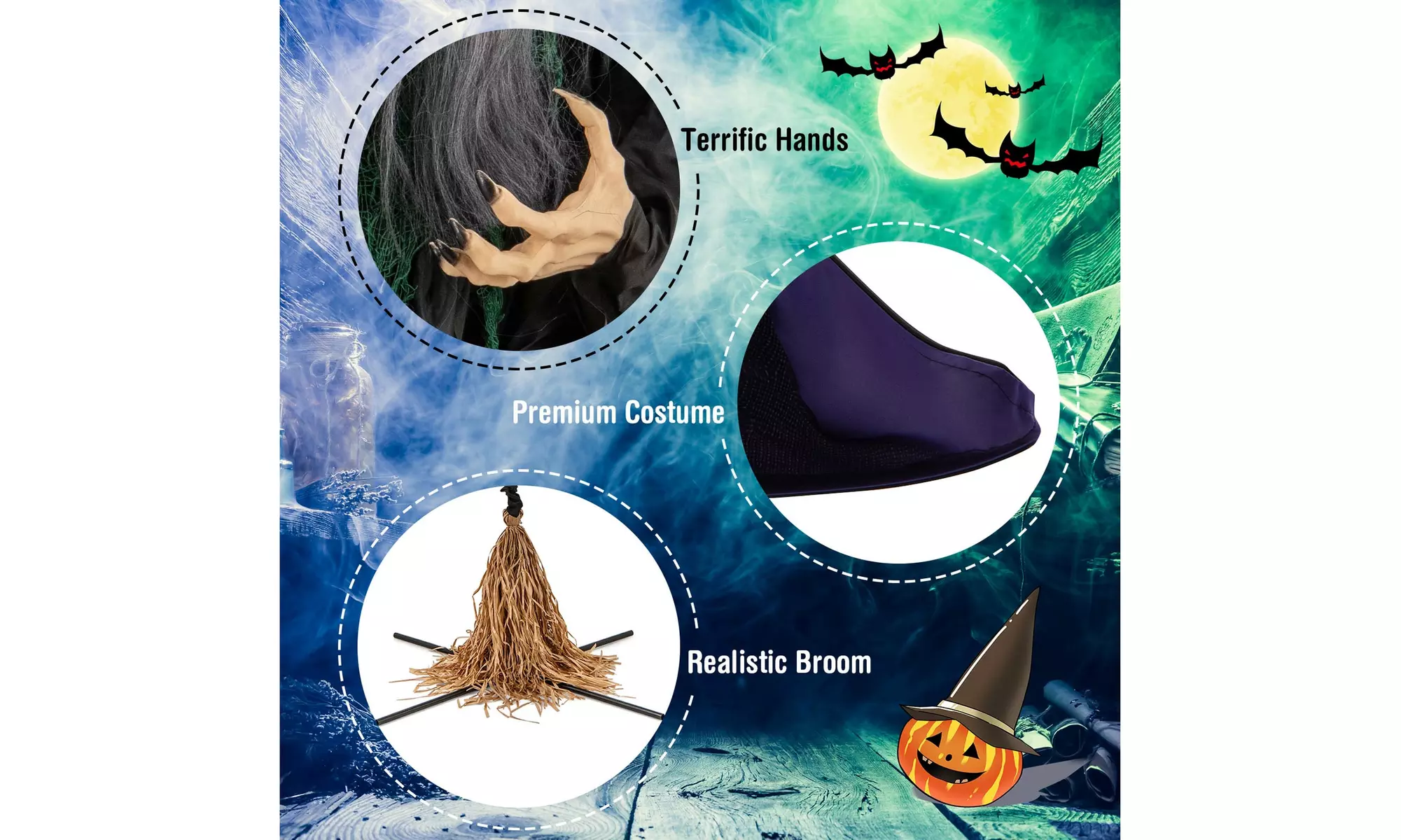 Costway Witch on Broom Halloween Animatronic Life Size Halloween Prop