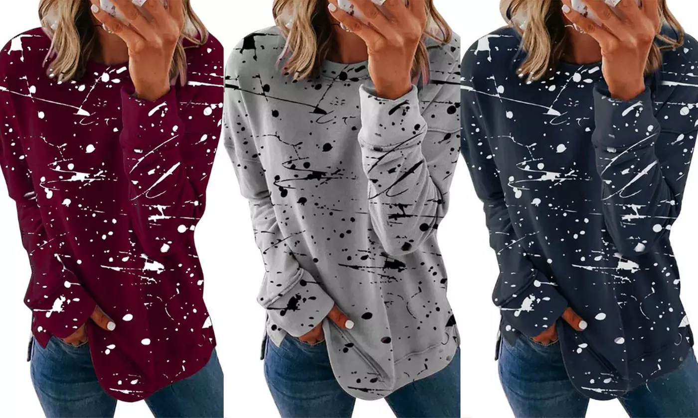 Women's Graffiti Printed Round Neck Long Sleeve T-shirt Casual Top - Primary Image