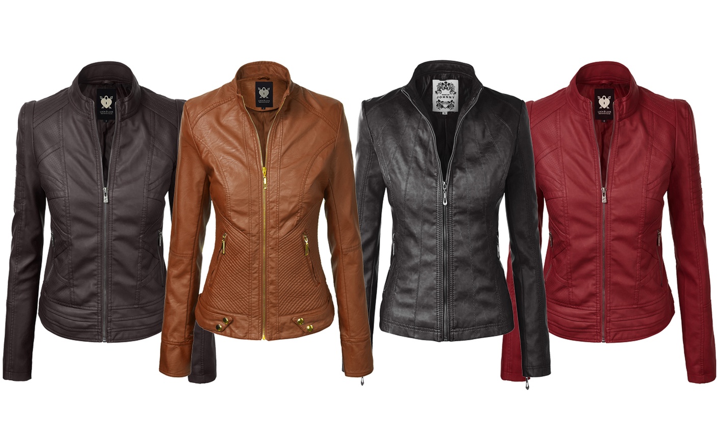 Made By Johnny Womens Faux Leather Zip Up Moto Biker Jacket