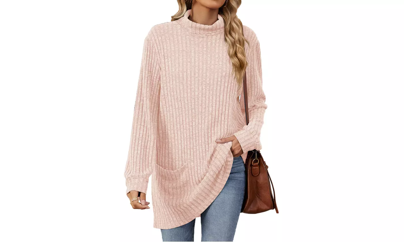 Womens Lightweight Turtleneck Long Sleeve Knit Tunic Top with Pockets