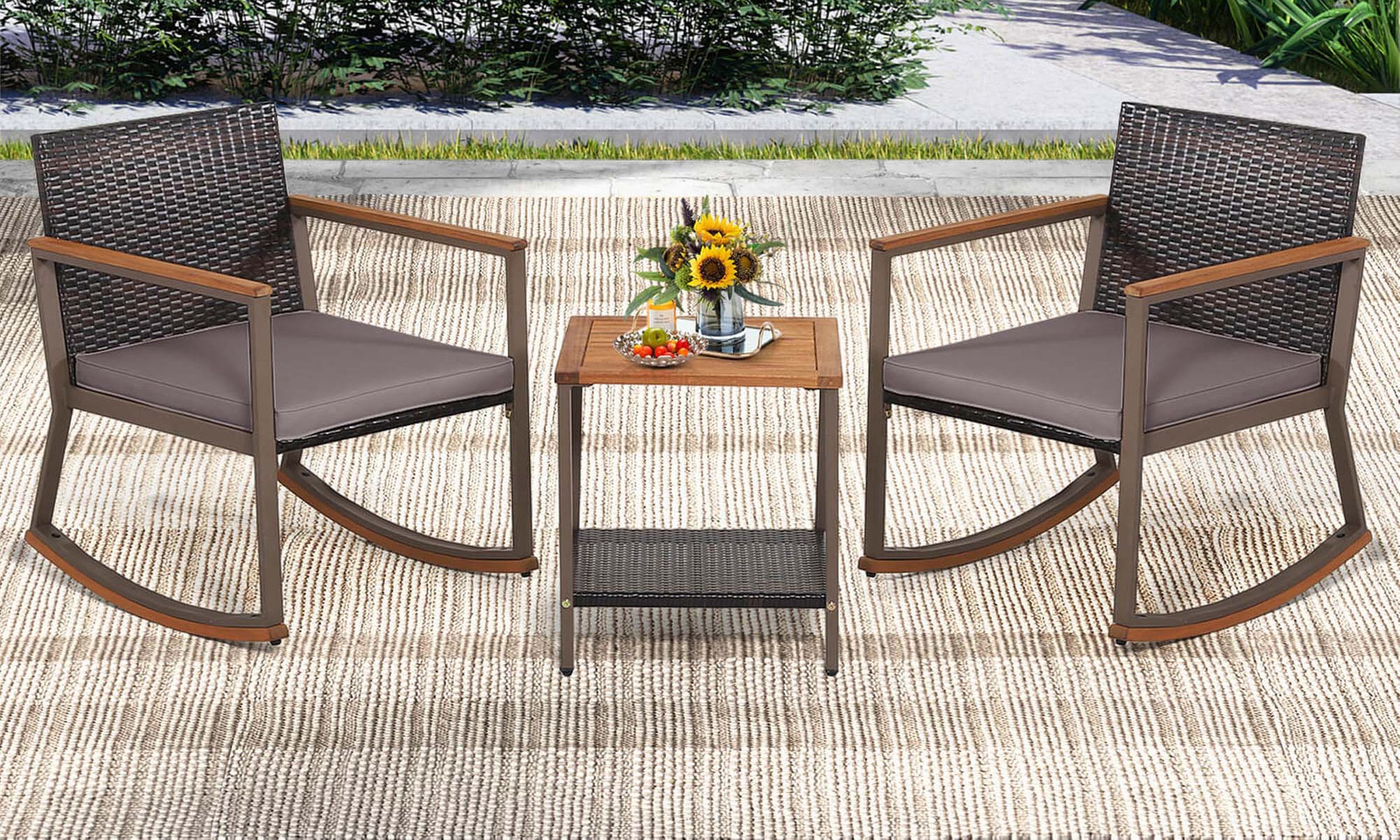 Costway 3 PCS Patio Rattan Rocking Chair Bistro Set Armrest Cushion Table