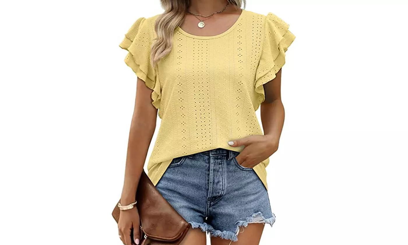 Women Ruffle Short Sleeve Dressy Tunic Tops Casual Loose Crew Neck Tees Shirts