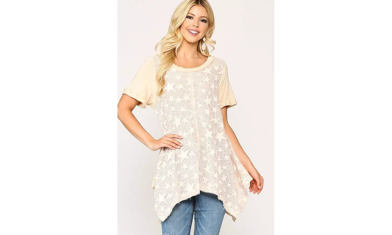 Star Textured Knit Mixed Tunic Top With Shark Bite Hem - Pale Pink - Primary Image