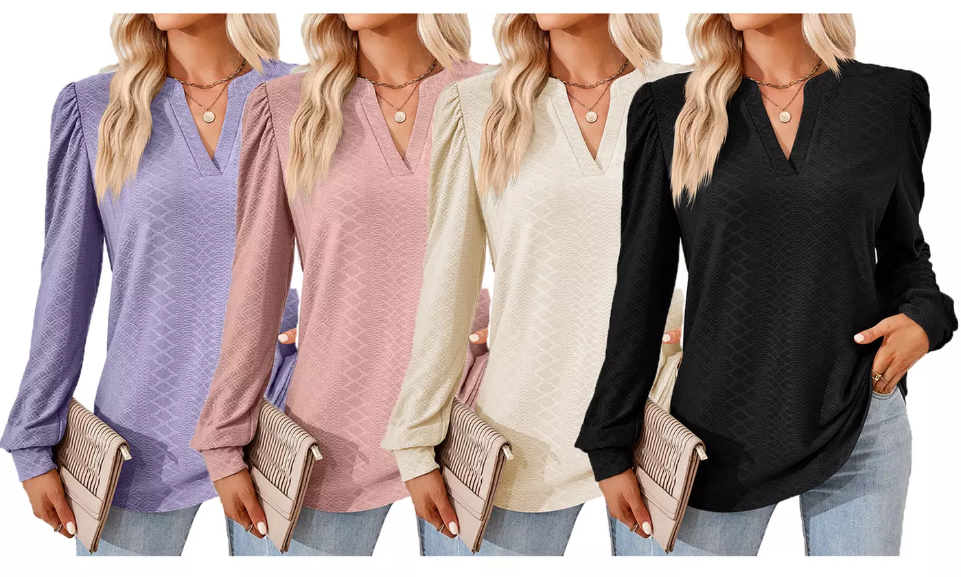 Women Long Sleeve V Neck Tunic Blouse
