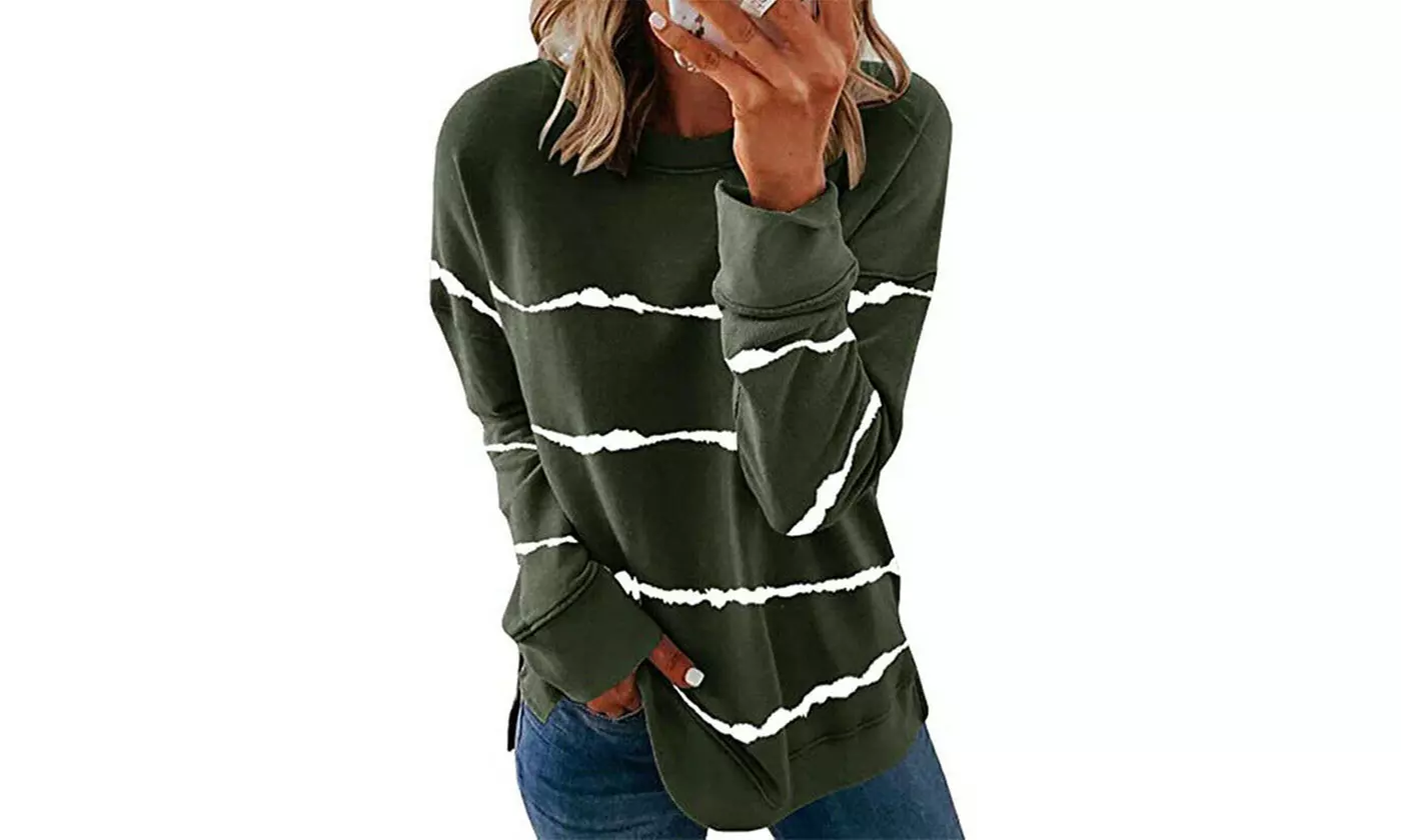 Womens Pullover Sweatshirt Long Sleeve Loose Casual Crewneck Striped Tops S-2XL - Second Medium