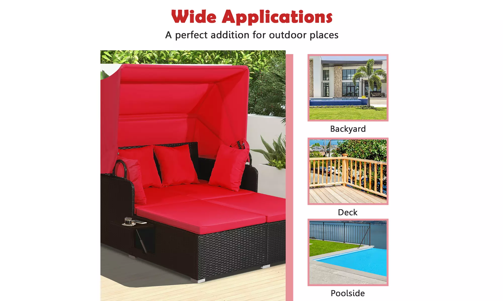 Costway Patio Rattan Daybed Lounge Retractable Top Canopy Side Tables Cushions