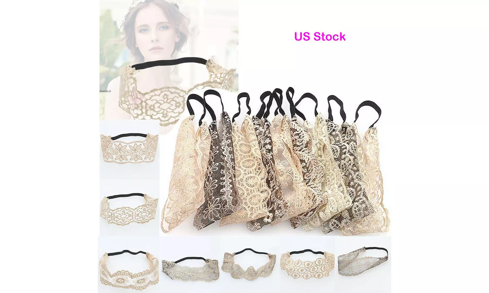 7-14Pcs Women Lace Headband Stretch Hairband Elegant Wide Headwrap Turban - Primary Image