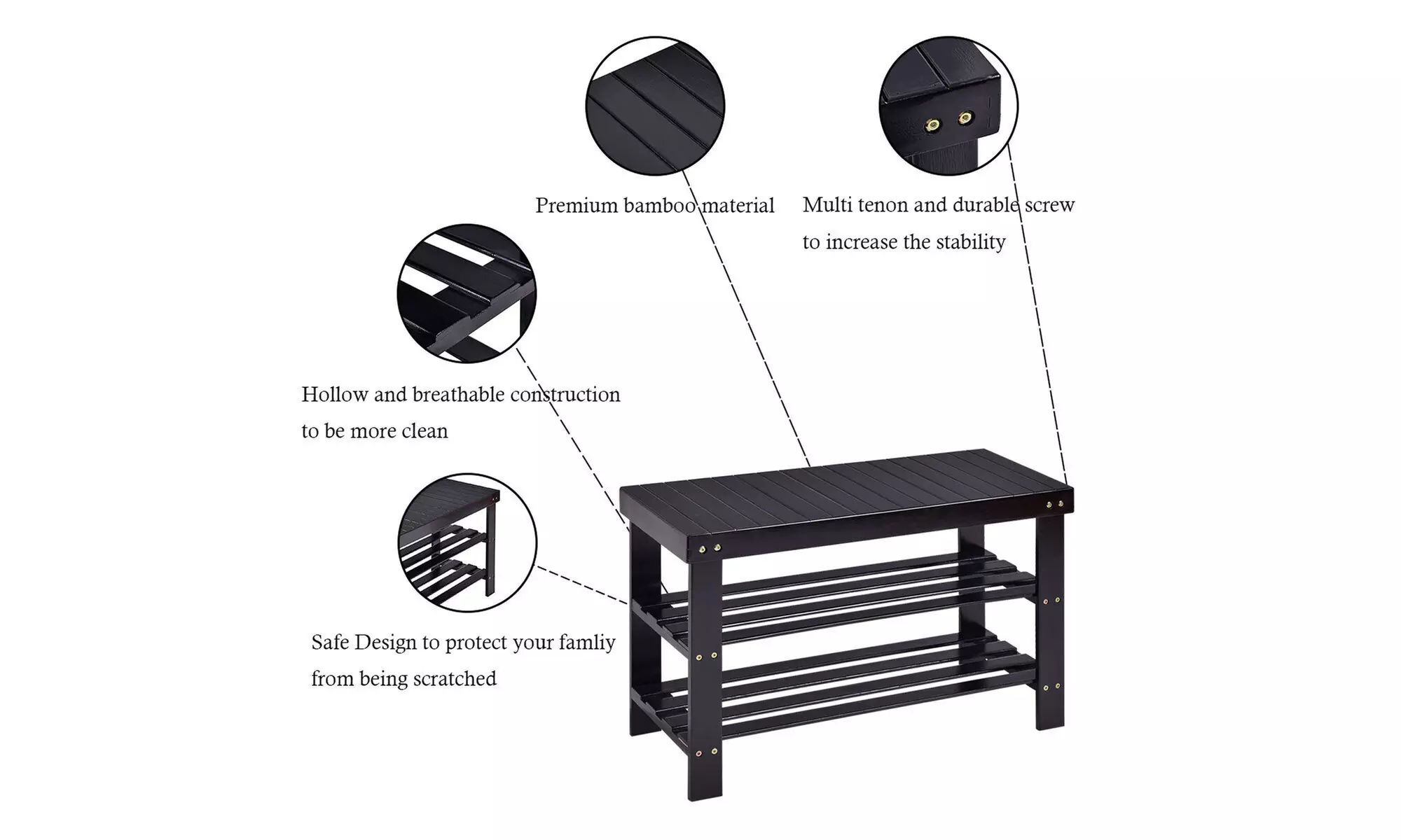3 Tier Bamboo Shoe Rack Bench Storage Shelf Organizer Entryway Black