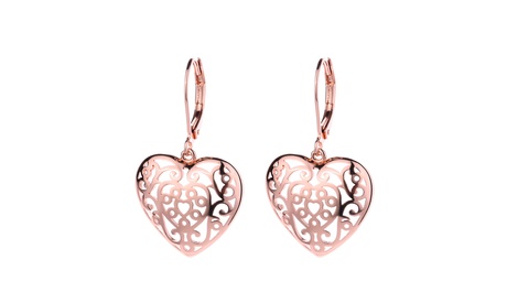 14K Rose Gold Filigree Heart Earring Crystal Rose Gold And Sterling Silver