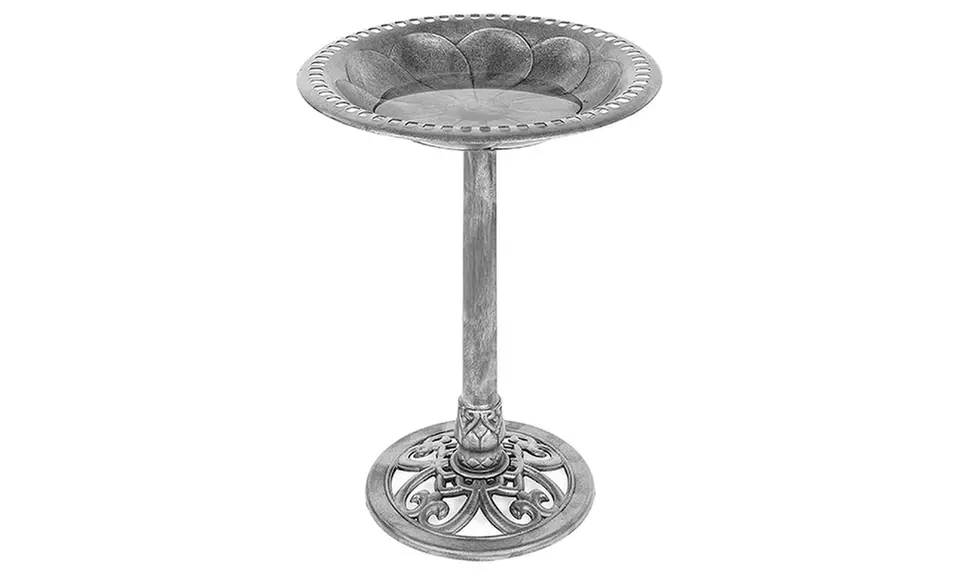 Vintage Outdoor Resin Pedestal Bird Bath Decoration w/Fleur-de-Lis Accents - Second Medium