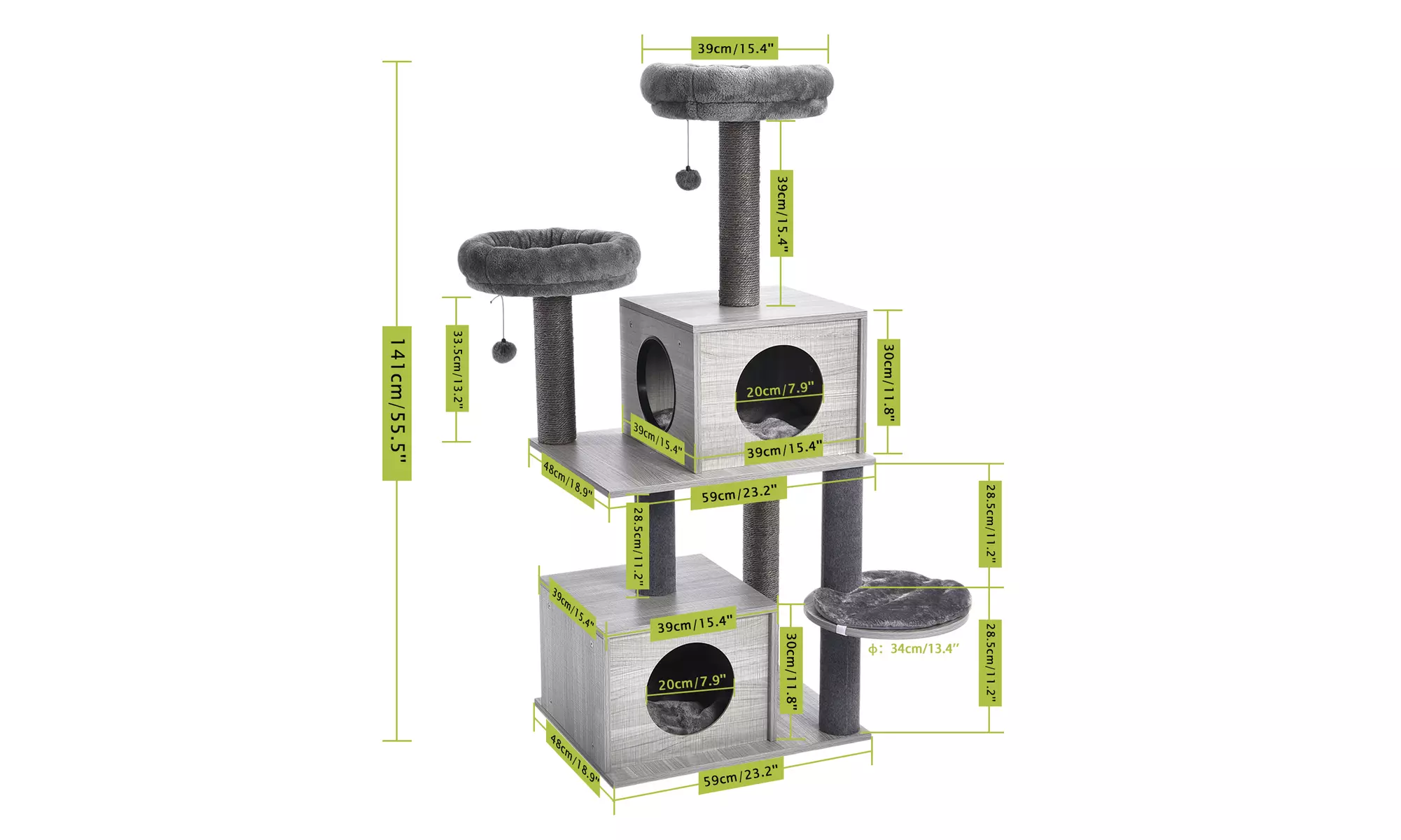 Modern Cat Tree 51 Inches Wooden Cat Tower with 2 Super LargeCat Condos