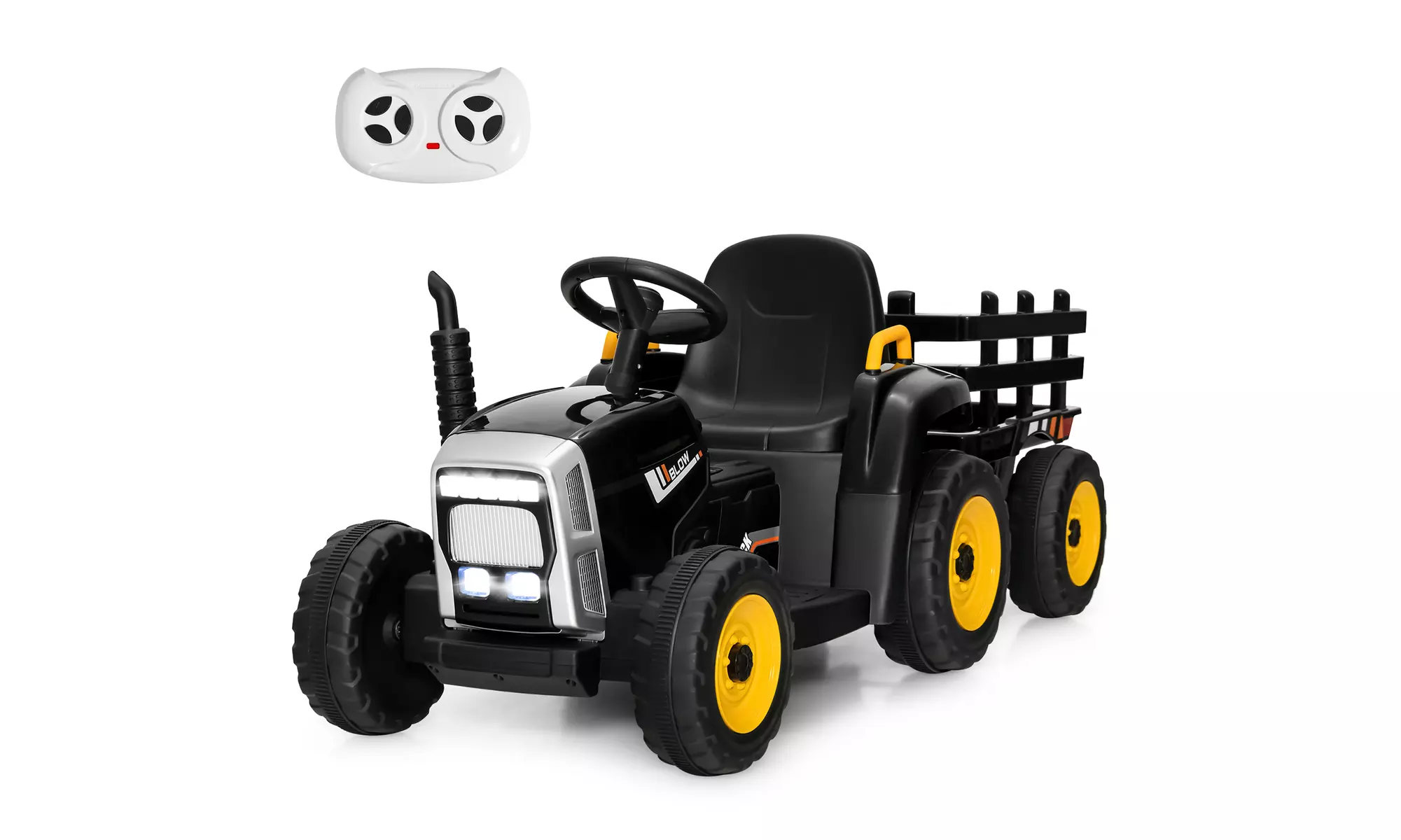 Costway 12V Kids Ride On Tractor with Trailer Ground Loader RC Lights Dark Black - Primary Image