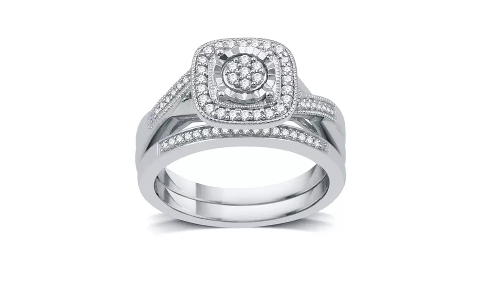 1/4 CTTW Diamond Cushion Shaped Wedding Set In Sterling Silver By DeCarat - Primary Image