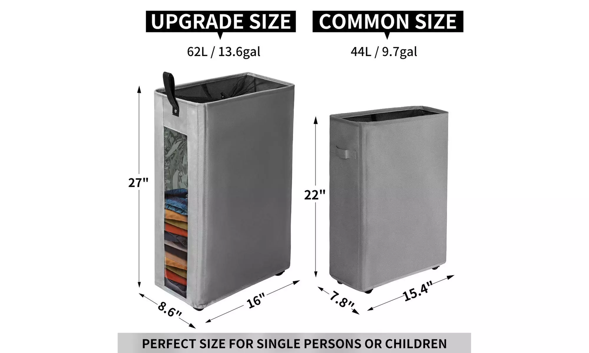 27'' Slim Laundry Hamper Large Tall Laundry Basket on Wheels Clear Visible - Second Medium