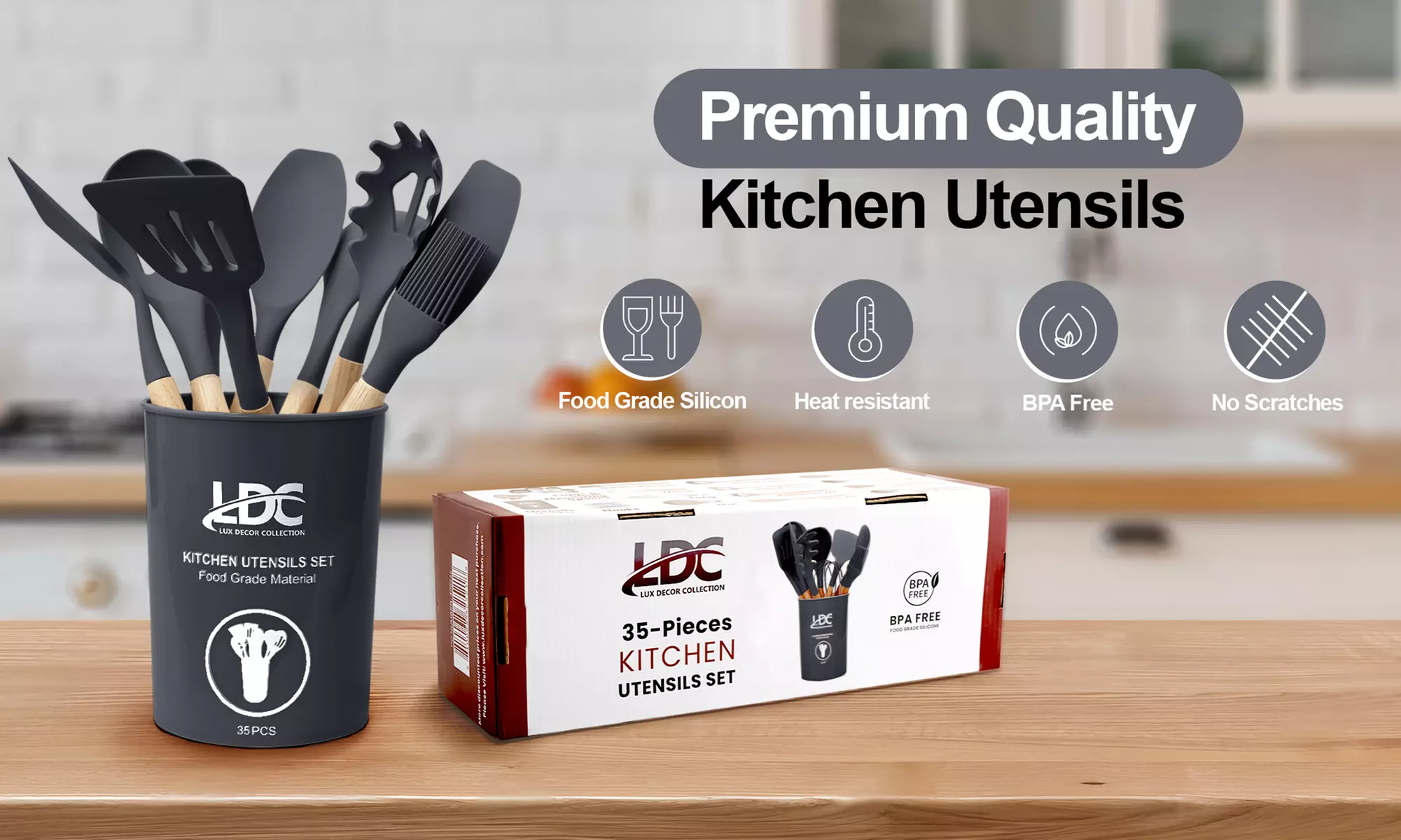 Lux Decor Silicone Kitchen Utensils Set Heat Resistant 35-Pcs Cooking Tools