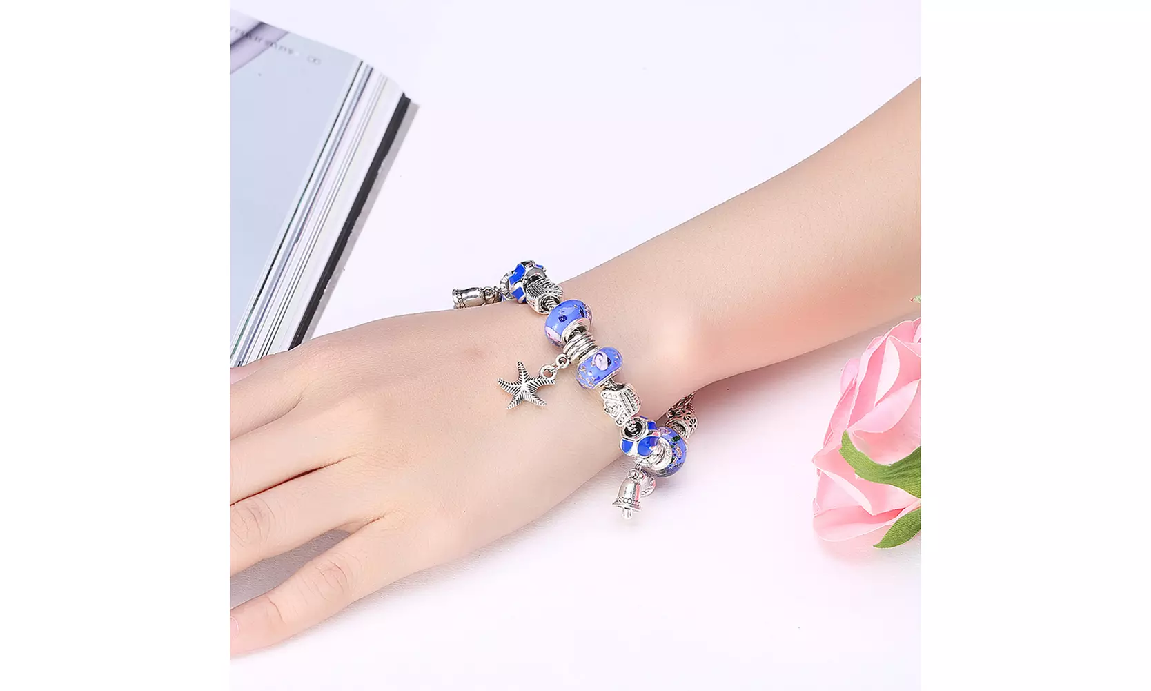 Blue Crystals Elements Pandora Inspired Seashell Jingle Bells Charm Bracelet - Primary Image