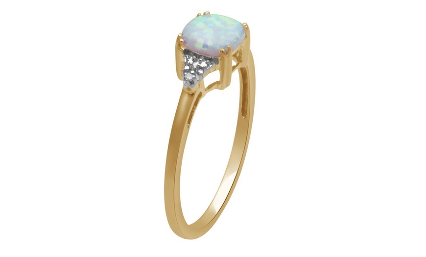 Image 2: Jewelili 10K Yellow Gold Created Opal Cushion with Diamond Accent Ring, Size 6