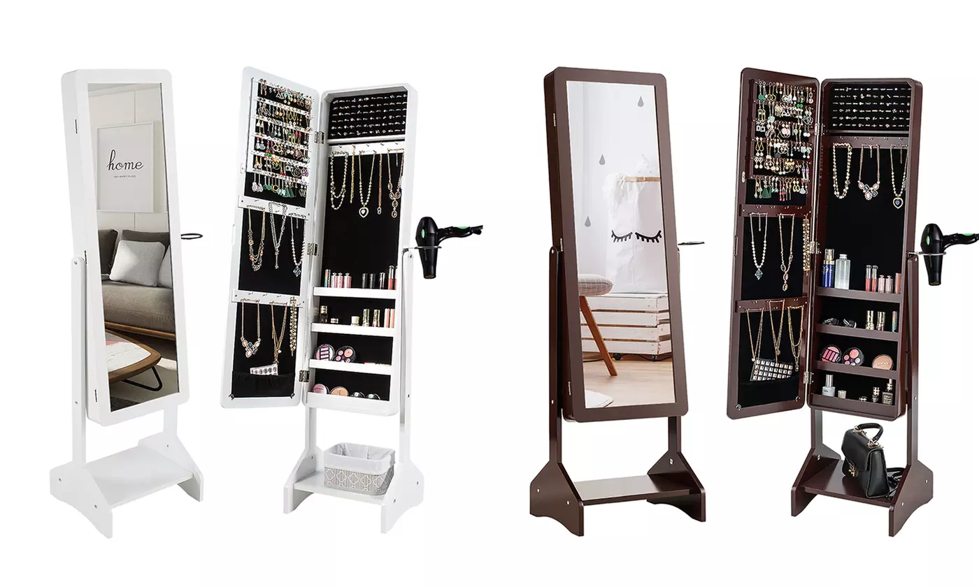 Costway Mirror Jewelry Cabinet Armoire Storage Organizer Shelf Rack BrownWhite - Primary Image
