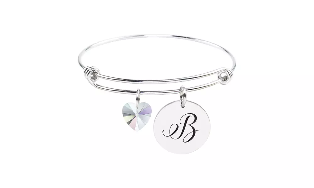 Pink Box Stainless Steel Initial Bracelet made with Austrian Crystals - Primary Image
