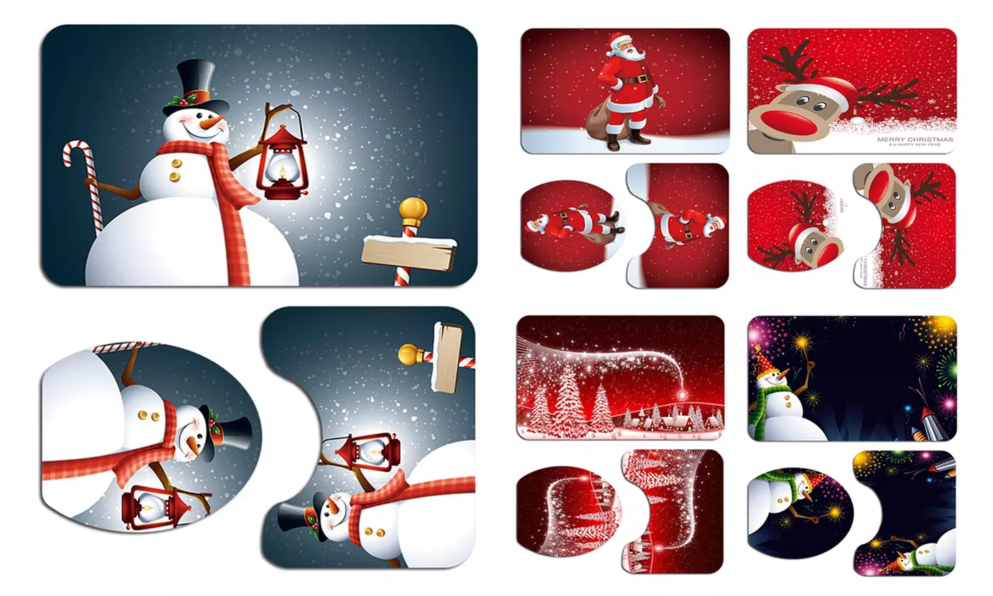 3pcs Christmas Toilet Seat Cover Rug Set Santa Claus Bathroom Mat Xmas Decor
