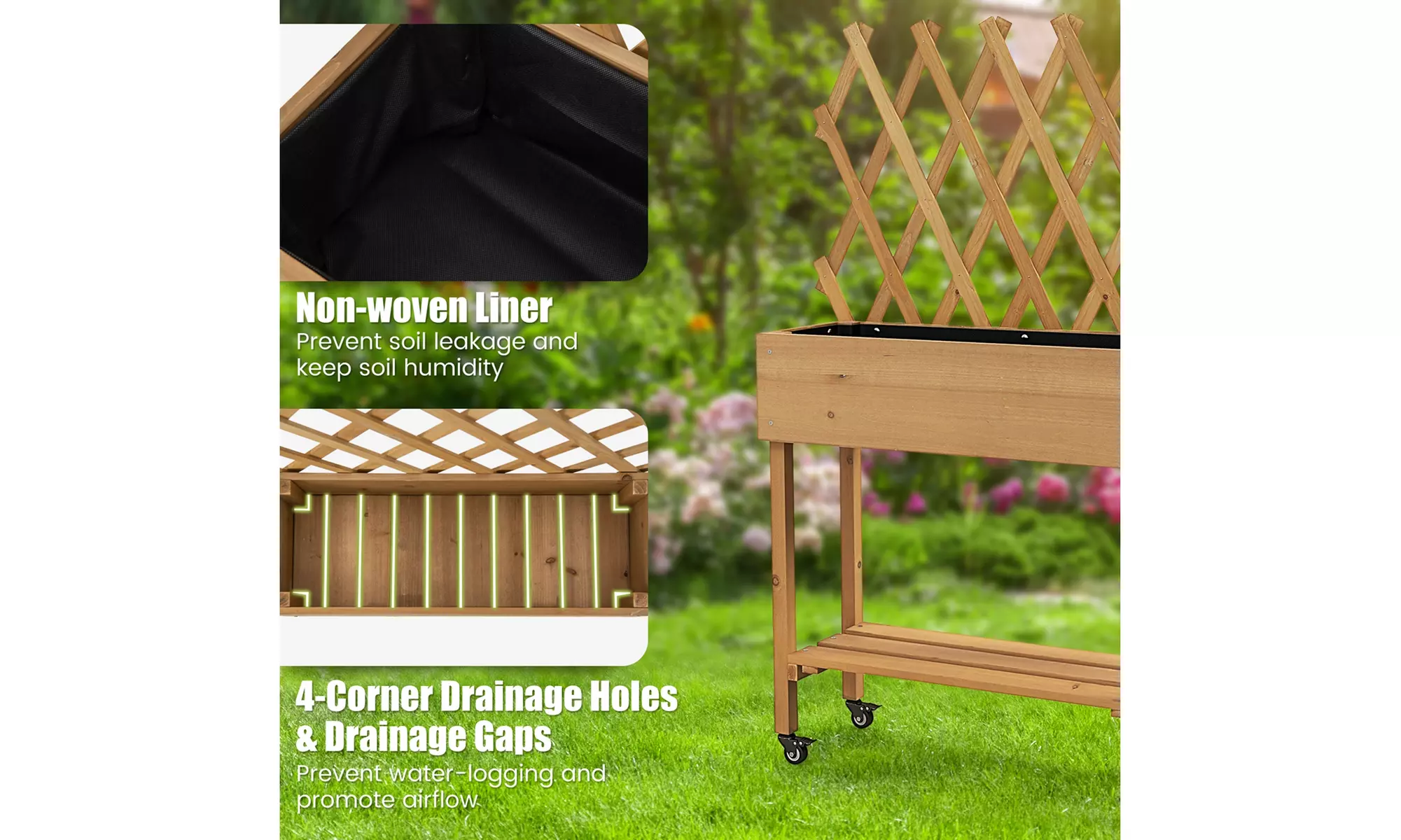 Costway Wood Raised Garden Bed w/ Trellis Storage Shelf Wheels Drainage Holes