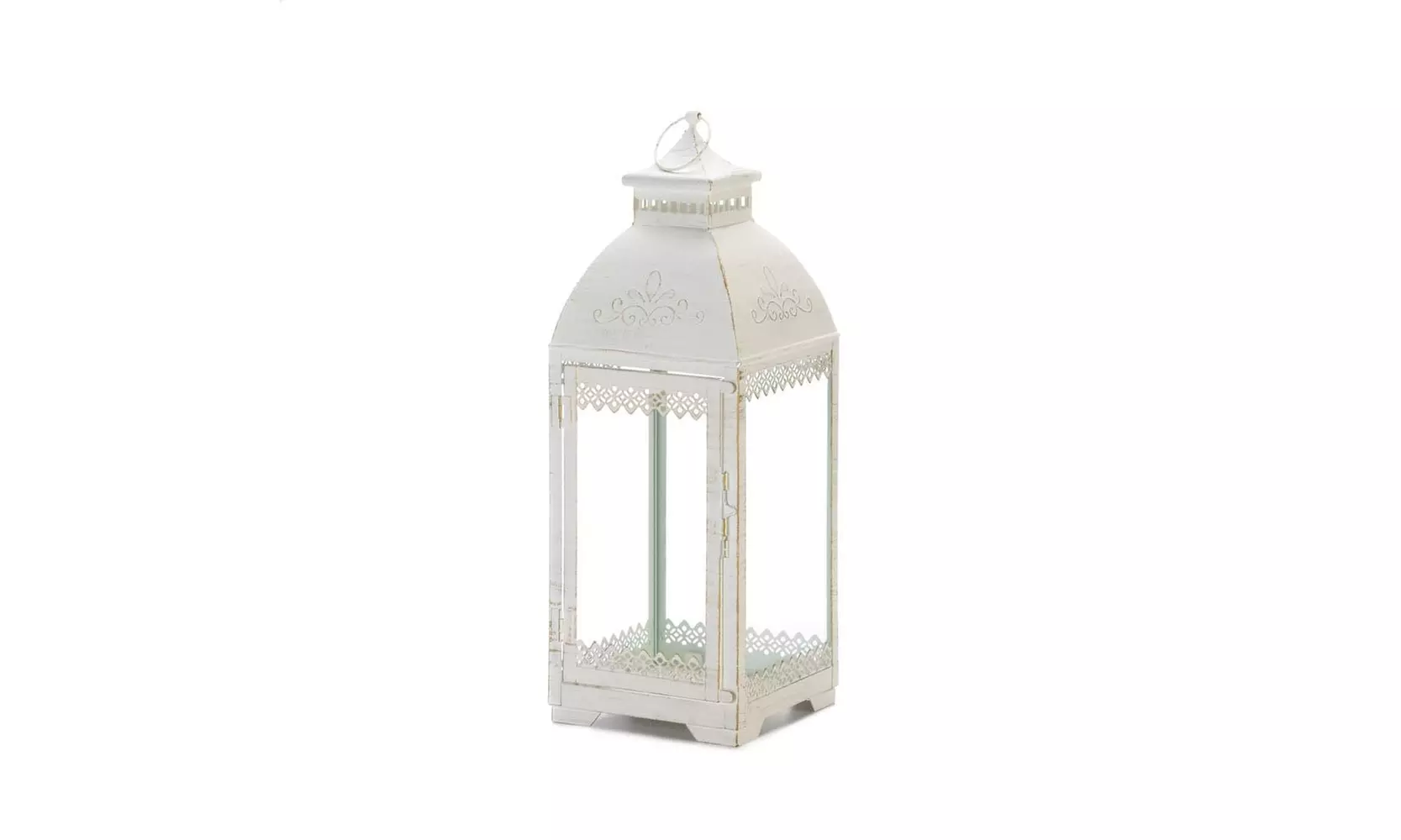 Large Distressed White Lacy Accent Square Candle Lantern Centerpiece 19" tall - Primary Image