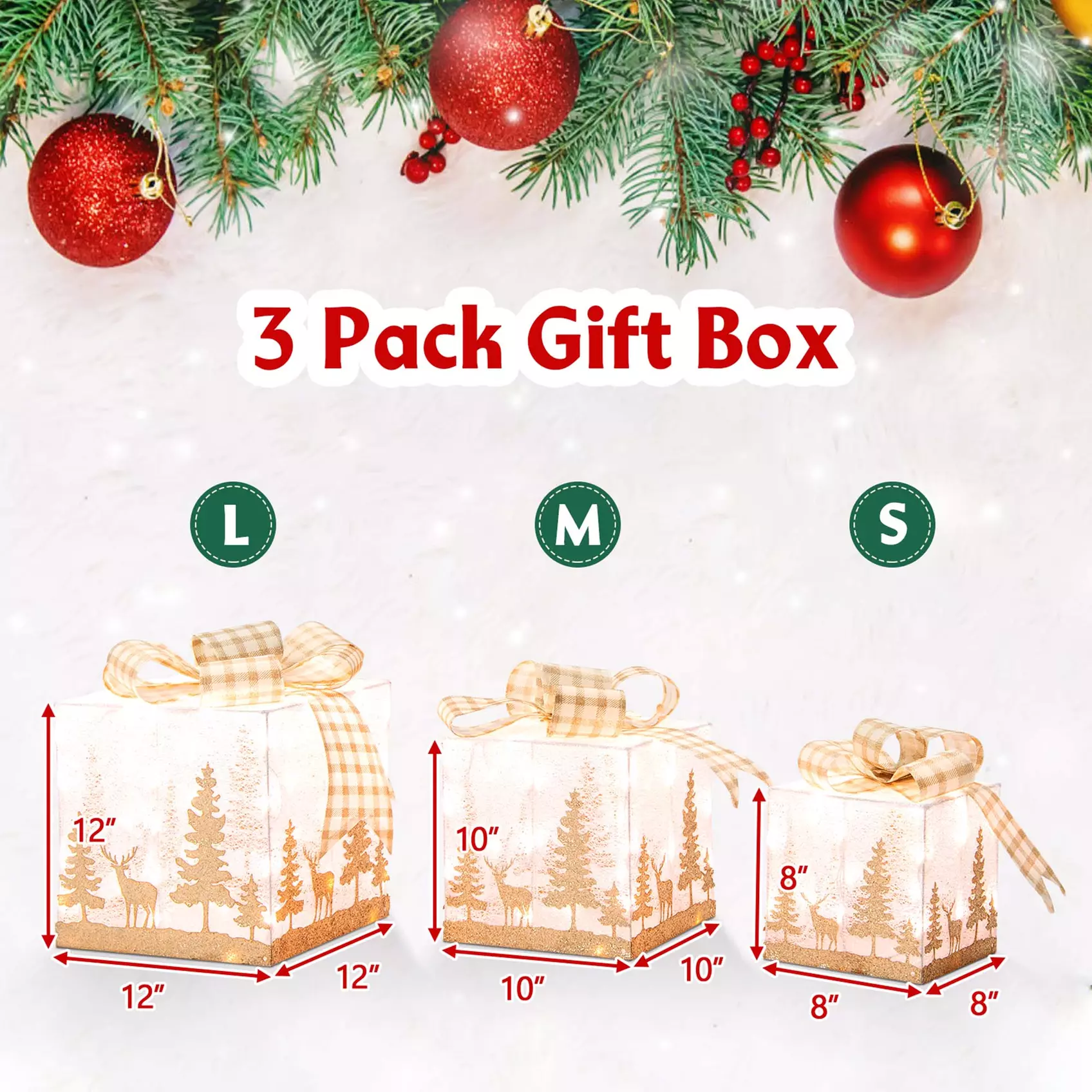 Costway 3 Sets Iridescent Christmas Gift Box LED Lighted Present Box Decor Yard