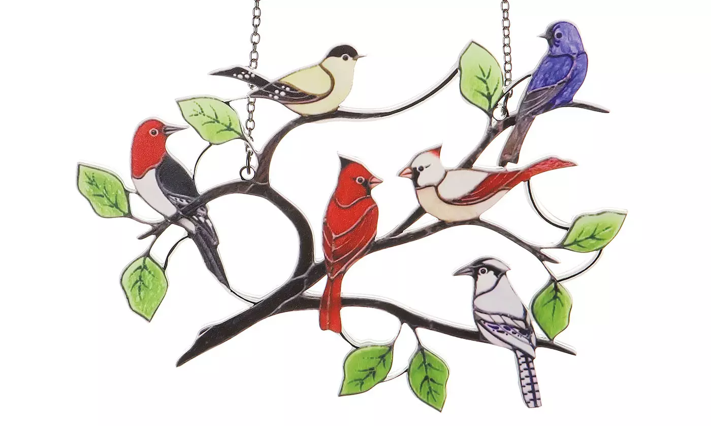 Multicolor Birds On A Wire High Stained Suncatcher Window Panel Home Decor