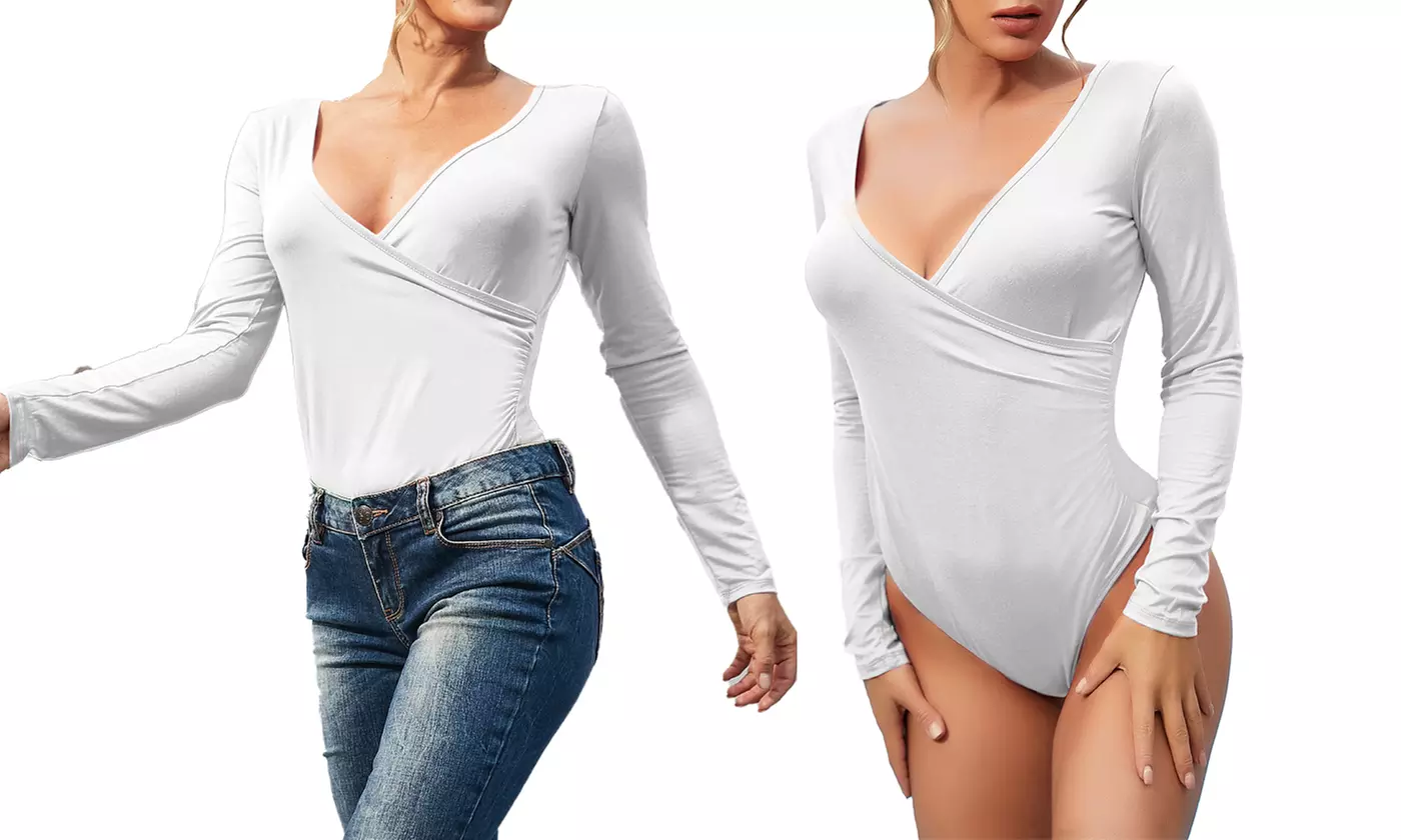 Doublju Women's Deep V-Neck Long Sleeve Surplice Wrap Bodysuit - Second Medium