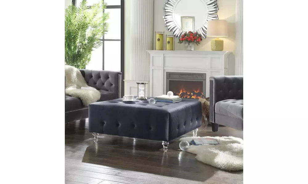 David Velvet Button Tufted Clear Acrylic Legs Ottoman - Primary Image