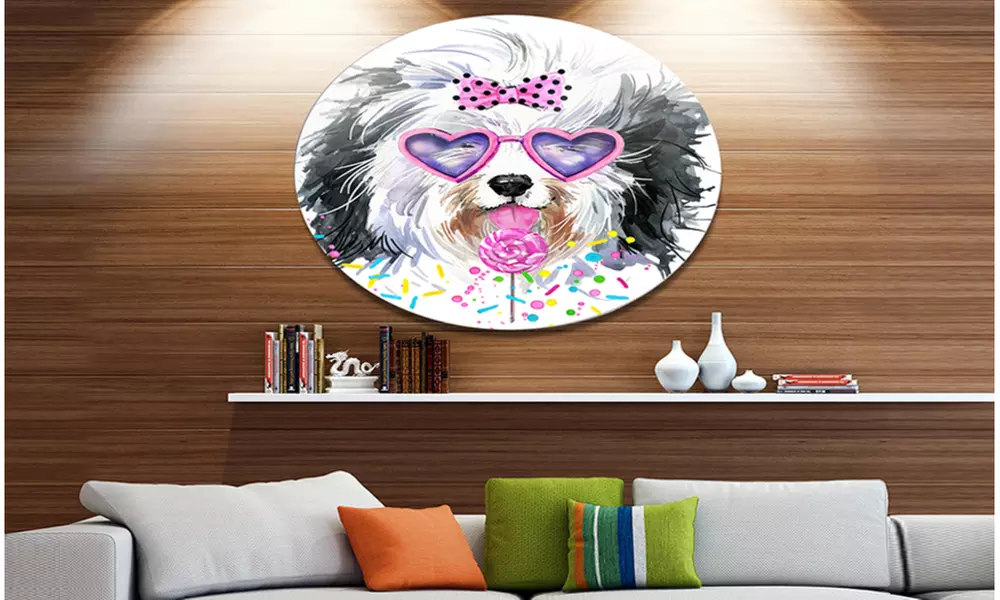 Lovely Dog with Pink Heart Glasses' Disc Contemporary Animal Metal Circle - Primary Image