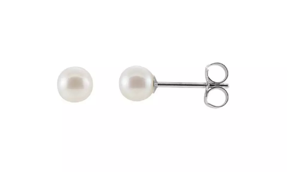14k White Gold Round Freshwater Cultured Pearl Rhodium plated Stud Earrings. - Second Medium