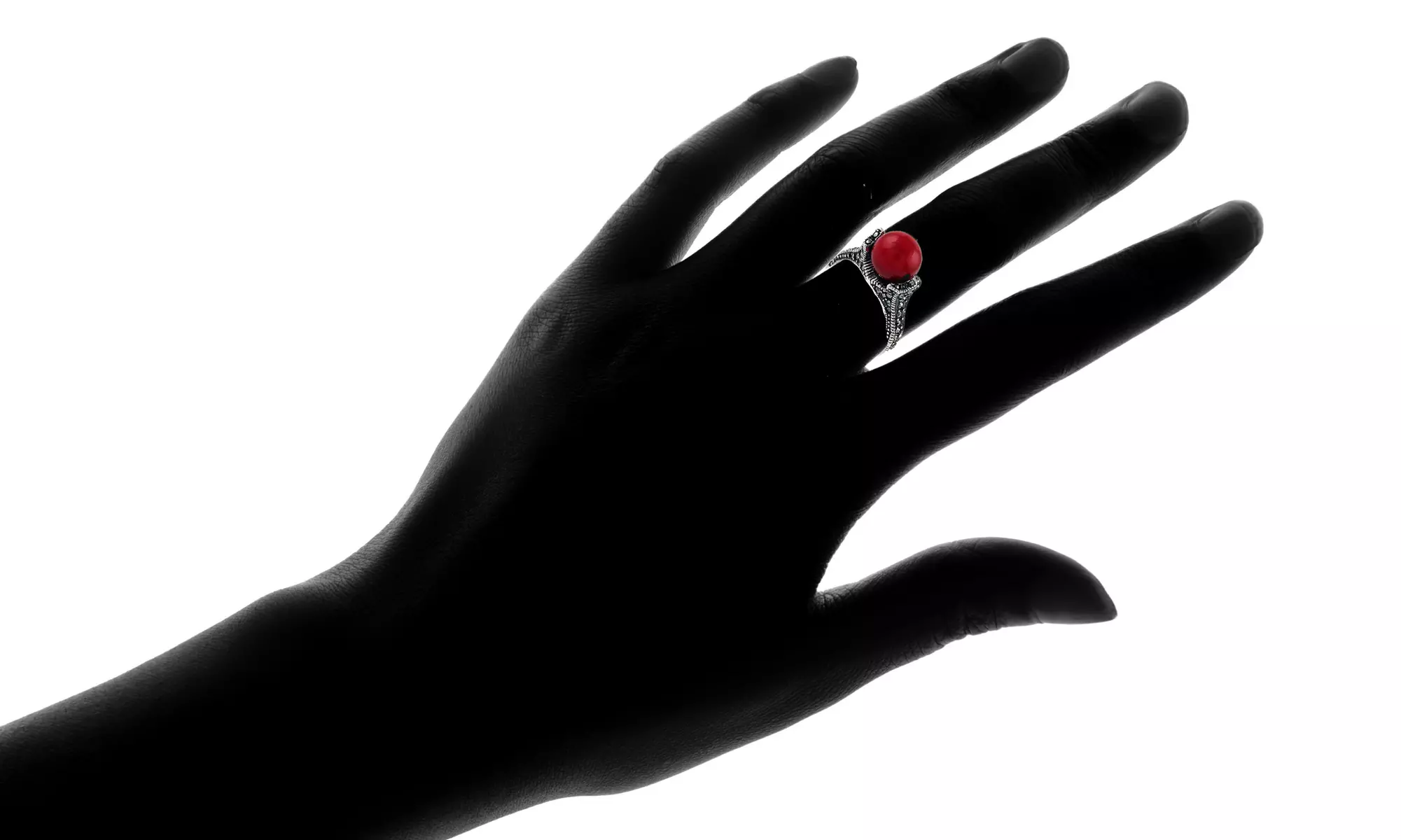 Genuine Marcasite and And Red Coral Sterling Silver Ring
