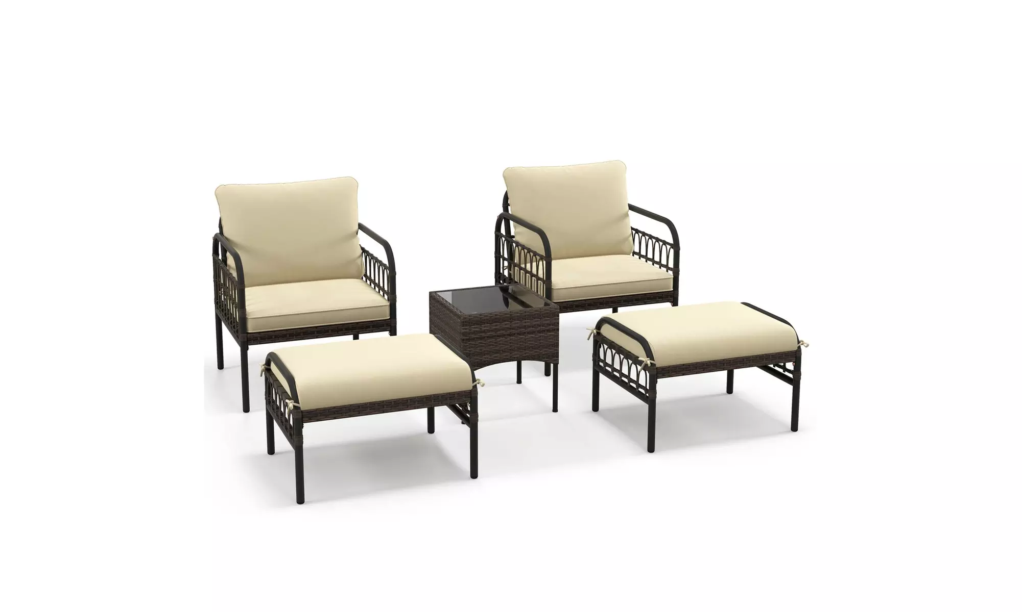 Costway 5 Piece Patio Conversation Set - Outdoor Wicker Chairs, Ottomans & Table